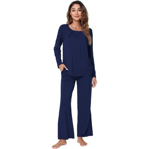image:imageWiWi Bamboo Viscose Pajamas for Women Set 2 Piece Lace Trim Long Sleeve Womens Pajama Sets Plus Size Pjs with Pockets S4XBnavy