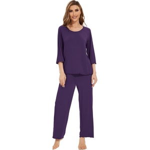 image:imageWiWi Bamboo Viscose Pajamas for Women Soft 34 Sleeve Pajama Sets Loose Knit Sleepwear Casual Pj Set SXXLDark Purple