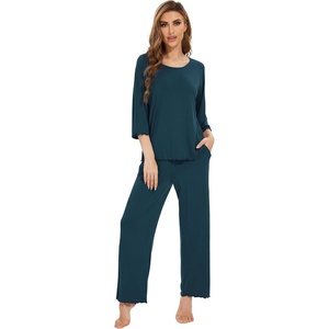 image:imageWiWi Bamboo Viscose Pajamas for Women Soft 34 Sleeve Pajama Sets Loose Knit Sleepwear Casual Pj Set SXXLDeep Teal