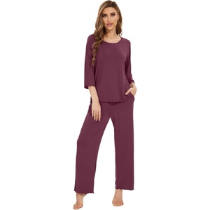 image:imageWiWi Bamboo Viscose Pajamas for Women Soft 34 Sleeve Pajama Sets Loose Knit Sleepwear Casual Pj Set SXXLMulberry