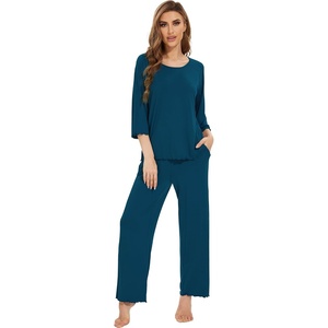 image:imageWiWi Bamboo Viscose Pajamas for Women Soft 34 Sleeve Pajama Sets Loose Knit Sleepwear Casual Pj Set SXXLPeacock Blue