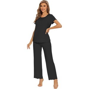 image:imageWiWi Bamboo Viscose Pajamas for Women Super Soft Cooling Loungewear Short Sleeve Tops and Long Pants Sleepwear SXXLAblack