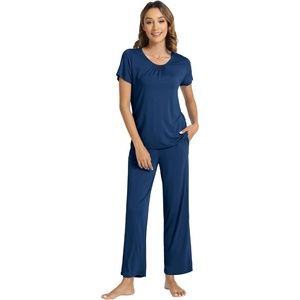 image:imageWiWi Bamboo Viscose Pajamas for Women Super Soft Cooling Loungewear Short Sleeve Tops and Long Pants Sleepwear SXXLCink Blue