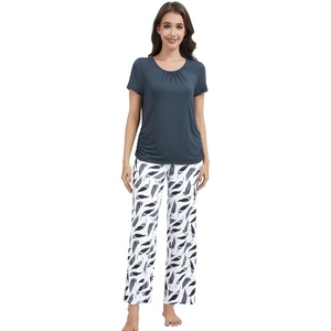 image:imageWiWi Bamboo Viscose Pajamas for Women Super Soft Cooling Loungewear Short Sleeve Tops and Long Pants Sleepwear SXXLCmidnight Blue Feather