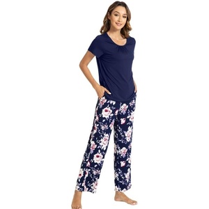image:imageWiWi Bamboo Viscose Pajamas for Women Super Soft Cooling Loungewear Short Sleeve Tops and Long Pants Sleepwear SXXLCnavyPeony