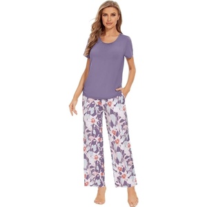 image:imageWiWi Bamboo Viscose Pajamas for Women Super Soft Cooling Loungewear Short Sleeve Tops and Long Pants Sleepwear SXXLCpurpleFloral