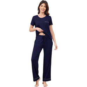 image:imageWiWi Bamboo Viscose Pajamas for Women Super Soft Cooling Loungewear Short Sleeve Tops and Long Pants Sleepwear SXXLDnavy