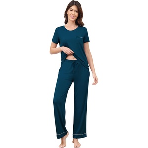 image:imageWiWi Bamboo Viscose Pajamas for Women Super Soft Cooling Loungewear Short Sleeve Tops and Long Pants Sleepwear SXXLDpeacock Blue