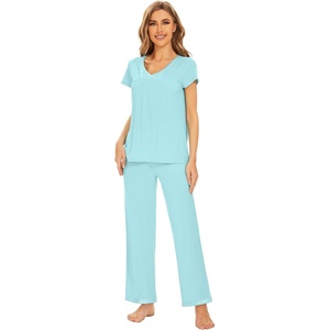 image:imageWiWi Bamboo Viscose Pajamas for Women Super Soft Short Sleeve Pajama Set with Pants Cooling Pjs Lightweight Loungewear SXXLAaqua