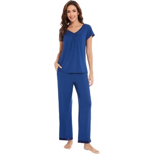 image:imageWiWi Bamboo Viscose Pajamas for Women Super Soft Short Sleeve Pajama Set with Pants Cooling Pjs Lightweight Loungewear SXXLAblue Depth