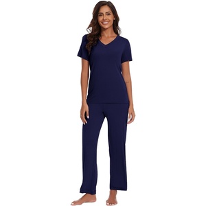 image:imageWiWi Bamboo Viscose Pajamas for Women Super Soft Short Sleeve Pajama Set with Pants Cooling Pjs Lightweight Loungewear SXXLBsolid Navy