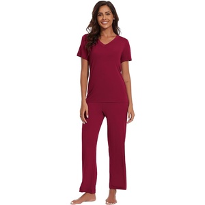 image:imageWiWi Bamboo Viscose Pajamas for Women Super Soft Short Sleeve Pajama Set with Pants Cooling Pjs Lightweight Loungewear SXXLBwine