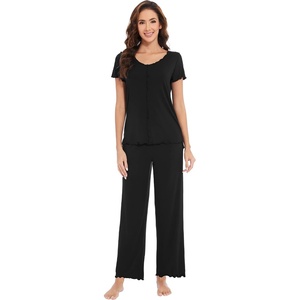 image:imageWiWi Bamboo Viscose Pajamas for Women Super Soft Short Sleeve Pajama Set with Pants Cooling Pjs Lightweight Loungewear SXXLCblack