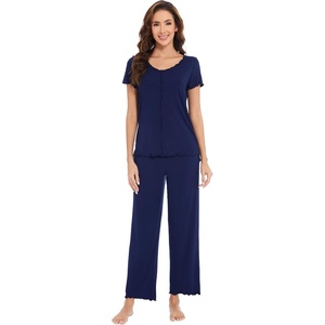 image:imageWiWi Bamboo Viscose Pajamas for Women Super Soft Short Sleeve Pajama Set with Pants Cooling Pjs Lightweight Loungewear SXXLCnavy
