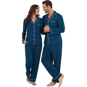image:imageWiWi Couples Pajamas Set Women amp Men Super Soft Long Sleeve Sleepwear 1Pack Cool Bamboo Viscose PJs Set with Pockets SXXLInk Blue