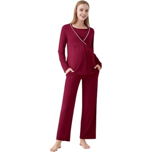 image:imageWiWi Maternity Pajamas 2 Piece Bamboo Viscose Nursing Pajamas for Women Breastfeeding for Hospital Daily Sleepwear SXXLWine