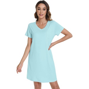 image:imageWiWi Nightgowns for Women Short Sleeve Sleepshirt Pajama Shirt Viscose from bamboo Soft Sleep Dress Vneck Nightshirt SXXLAaqua