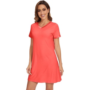 image:imageWiWi Nightgowns for Women Short Sleeve Sleepshirt Pajama Shirt Viscose from bamboo Soft Sleep Dress Vneck Nightshirt SXXLCcoral