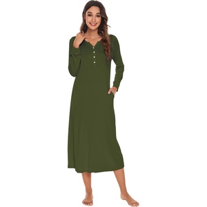 image:imageWiWi Nightgowns for Women Super Soft Sleepwear Long Sleeve V Neck Nightshirts Viscose from Bamboo Cooling Nightdress SXXLAarmy Green