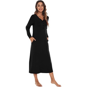 image:imageWiWi Nightgowns for Women Super Soft Sleepwear Long Sleeve V Neck Nightshirts Viscose from Bamboo Cooling Nightdress SXXLAblack