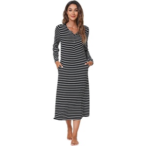 image:imageWiWi Nightgowns for Women Super Soft Sleepwear Long Sleeve V Neck Nightshirts Viscose from Bamboo Cooling Nightdress SXXLAblack White Stripe