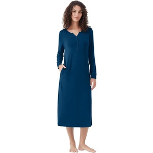 image:imageWiWi Nightgowns for Women Super Soft Sleepwear Long Sleeve V Neck Nightshirts Viscose from Bamboo Cooling Nightdress SXXLAink Blue