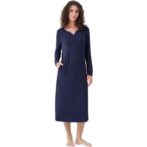 image:imageWiWi Nightgowns for Women Super Soft Sleepwear Long Sleeve V Neck Nightshirts Viscose from Bamboo Cooling Nightdress SXXLAnavy