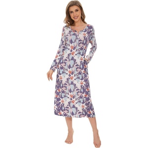 image:imageWiWi Nightgowns for Women Super Soft Sleepwear Long Sleeve V Neck Nightshirts Viscose from Bamboo Cooling Nightdress SXXLApurpleFloral