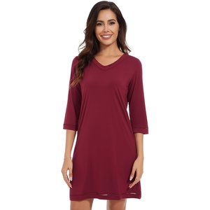 image:imageWiWi Nightgowns for Women Viscose from Bamboo 34 Sleeve Sleepshirt Soft Vneck Nightshirts Loose Sleep Dress SXXLBwine