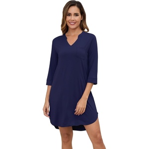 image:imageWiWi Nightgowns for Women Viscose from Bamboo 34 Sleeve Sleepshirt Soft Vneck Nightshirts Loose Sleep Dress SXXLCnavy