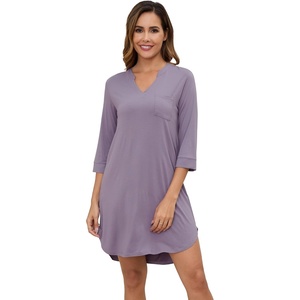 image:imageWiWi Nightgowns for Women Viscose from Bamboo 34 Sleeve Sleepshirt Soft Vneck Nightshirts Loose Sleep Dress SXXLCviolet