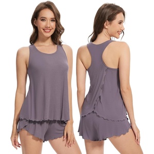 image:imageWiWi Pajama Set for Women Sexy Sleeveless Tops Pjs Viscose from Bamboo Soft Ribbed Fabric Racerback Sleepwear SXXLAdark Purplish Grey