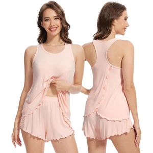 image:imageWiWi Pajama Set for Women Sexy Sleeveless Tops Pjs Viscose from Bamboo Soft Ribbed Fabric Racerback Sleepwear SXXLApale Pink