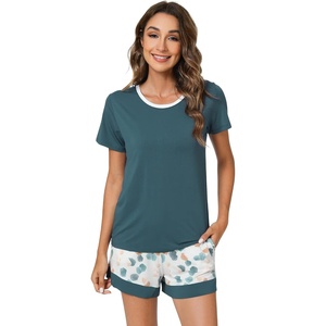 image:imageWiWi Pajamas Set for Women Cooling Short Sleeve Sleepwear Soft Knit Shorts Pjs Sets Viscose from Bamboo SXXLAgreen
