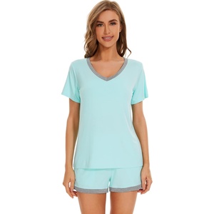 image:imageWiWi Pajamas Set for Women Short Sleeve Top and Shorts Pjs Set Viscose from Bamboo Ladies Summer Sleepwear SXXLAaqua