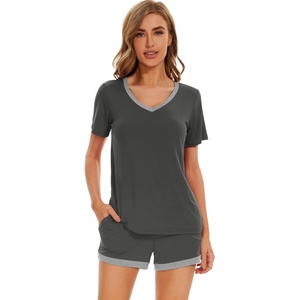 image:imageWiWi Pajamas Set for Women Short Sleeve Top and Shorts Pjs Set Viscose from Bamboo Ladies Summer Sleepwear SXXLAiron Grey