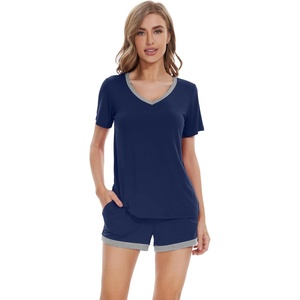 image:imageWiWi Pajamas Set for Women Short Sleeve Top and Shorts Pjs Set Viscose from Bamboo Ladies Summer Sleepwear SXXLAnavy