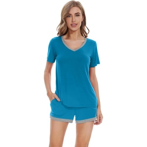 image:imageWiWi Pajamas Set for Women Short Sleeve Top and Shorts Pjs Set Viscose from Bamboo Ladies Summer Sleepwear SXXLAteal Blue