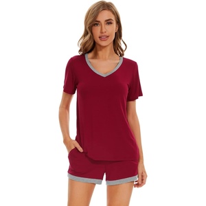 image:imageWiWi Pajamas Set for Women Short Sleeve Top and Shorts Pjs Set Viscose from Bamboo Ladies Summer Sleepwear SXXLAwine Red