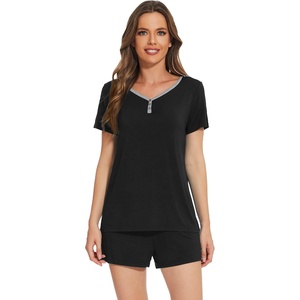 image:imageWiWi Pajamas Set for Women Short Sleeve Top and Shorts Pjs Set Viscose from Bamboo Ladies Summer Sleepwear SXXLBblack