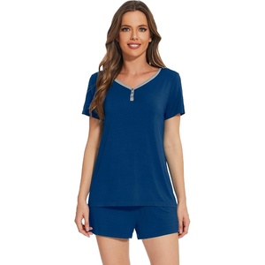 image:imageWiWi Pajamas Set for Women Short Sleeve Top and Shorts Pjs Set Viscose from Bamboo Ladies Summer Sleepwear SXXLBink Blue