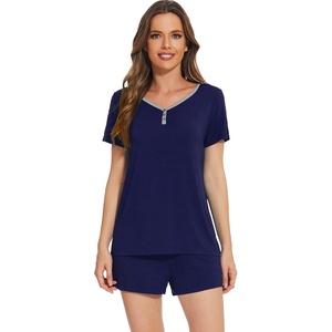 image:imageWiWi Pajamas Set for Women Short Sleeve Top and Shorts Pjs Set Viscose from Bamboo Ladies Summer Sleepwear SXXLBnavy