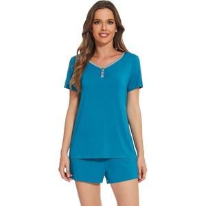 image:imageWiWi Pajamas Set for Women Short Sleeve Top and Shorts Pjs Set Viscose from Bamboo Ladies Summer Sleepwear SXXLBteal Blue