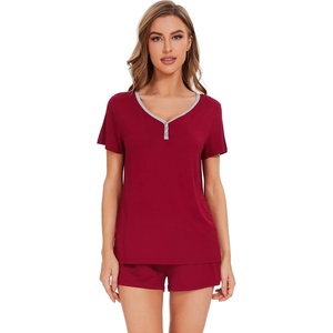 image:imageWiWi Pajamas Set for Women Short Sleeve Top and Shorts Pjs Set Viscose from Bamboo Ladies Summer Sleepwear SXXLBwine Red