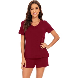 image:imageWiWi Pajamas Set for Women Short Sleeve Top and Shorts Pjs Set Viscose from Bamboo Ladies Summer Sleepwear SXXLCwine Red