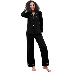 image:imageWiWi Pajamas for Women Bamboo Viscose Soft Ribbed Sleepwear Button Down Top and Pants 2 Piece Loungewear SXXLAblack