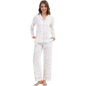 image:imageWiWi Pajamas for Women Bamboo Viscose Soft Ribbed Sleepwear Button Down Top and Pants 2 Piece Loungewear SXXLAfloral