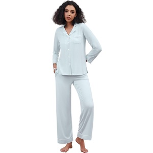 image:imageWiWi Pajamas for Women Bamboo Viscose Soft Ribbed Sleepwear Button Down Top and Pants 2 Piece Loungewear SXXLAlight Blue