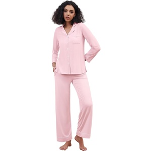 image:imageWiWi Pajamas for Women Bamboo Viscose Soft Ribbed Sleepwear Button Down Top and Pants 2 Piece Loungewear SXXLApink