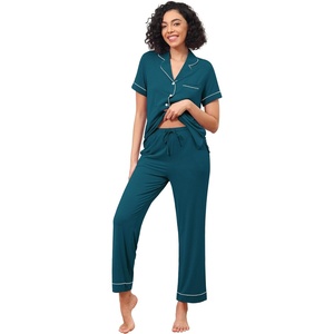 image:imageWiWi Pajamas for Women Bamboo Viscose Soft Ribbed Sleepwear Button Down Top and Pants 2 Piece Loungewear SXXLBdeep Teal